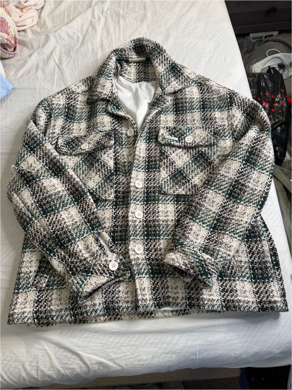 Classic Plaid Button-Up Shacket Jacket - Green, Black & Cream